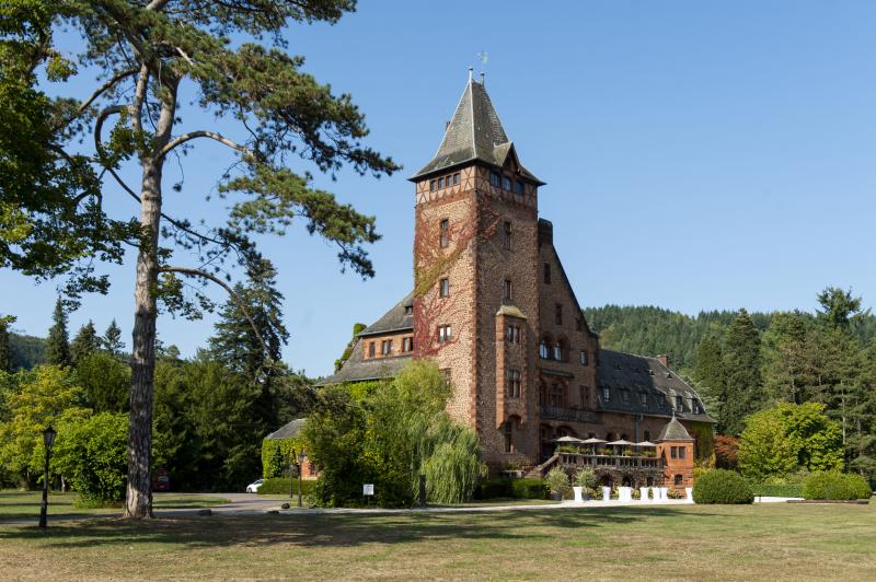 Ein großes, historisches Backsteingebäude mit einem hohen zentralen Turm und einem steilen Dach steht an einem sonnigen Tag im Saarland, dem Hidden Champion Deutschlands, zwischen Bäumen, umgeben von einer Wiese und Bergen im Hintergrund.
