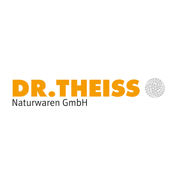 Logo der Dr. Theiss Naturwaren GmbH, eine stolze Erscheinung im Saarland Marketing. DR. THEISS steht in fetten orangefarbenen Buchstaben, darunter die Naturwaren GmbH in kleinerer schwarzer Schrift und rechts ein graues Kreismuster auf weißem Hintergrund.