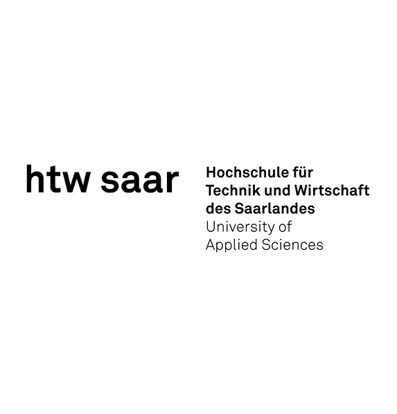 Logo für die htw saar mit dem Schriftzug htw saar Hochschule für Technik und Wirtschaft des Saarlandes in schwarzer Schrift auf weißem Hintergrund, der die Rolle der Hochschule im Saarlandmarketing und in der Initiative Hidden Champion Deutschland hervorhebt.