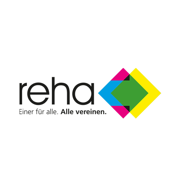 Das Logo zeigt das Wort reha in schwarzer Schrift mit dem Slogan Einer für alle. Alle vereinen. darunter. Rechts daneben weist eine leuchtende geometrische Raute auf die reha als Deutschlands Hidden Champion hin - perfekt für Initiativen des Standortmarketings Saarland.